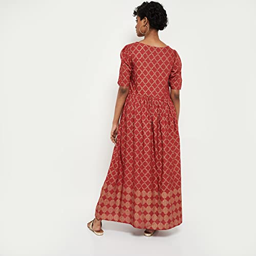 Image of Max Women's Rayon Printed Round Neck Ethnic Maxi Dress Ankle Length