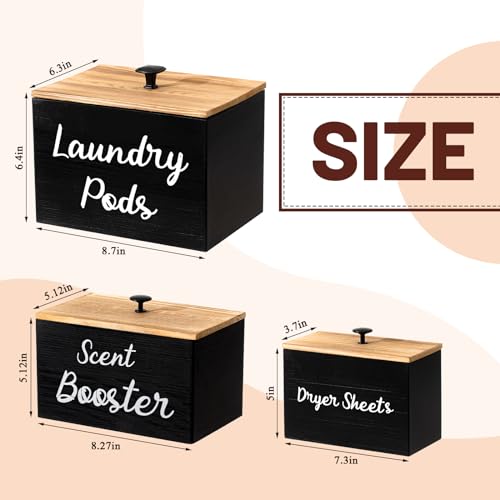 Dandat 3 Pcs Dryer Sheet Holder Laundry Pod Holder Scent Booster Container Set with Scoop Rustic Wood Dryer Sheet Container Laundry Beads Dispenser for Storage(Black) - Image 2