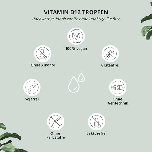 Nutri + Vitamin B12 Tropfen 50 ml hochdosiert + vegan - B 12 Flüssig 500 µg - Drops mit bioaktivem Methylcobalamin & Adenosylcobalamin ohne Alkohol