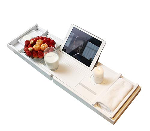 RomanticDesign Bath Caddy Tray for Bathtub - Bamboo Extendable Organizer Tray for Bathroom with Free Soap Dish Suitable for Luxury Spa or Reading(White)