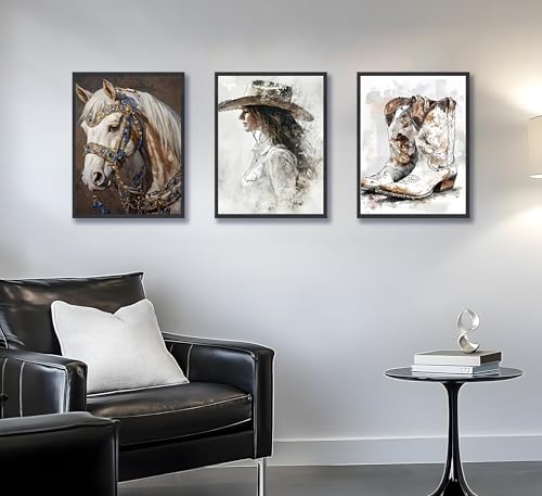 Image of 3pcs Western Vintage Cowgirl Canvas Prints Wall Art 12x16 inches Unframed | Cowboy,Horse,Boots Art Prints, Rustic Farmhouse Country Poster, Room Bedroom Dorm Decor