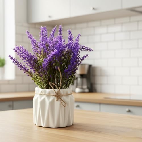 Image of Dekorly Artificial Lavender Plant in White Pot, 18cm - Realistic Faux Flower Arrangement for Home & Office Decor (Set of 1) (1, White Color Pot)
