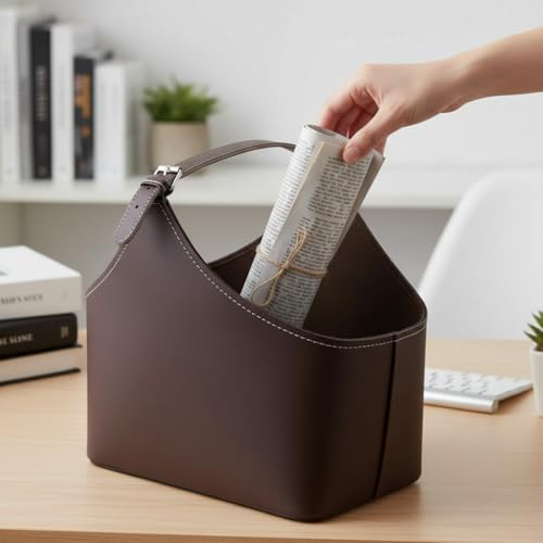 Miniatura 6 de Rocking Gifts Set De 2 Revisteros De Polipiel Marrón De 2 Tamaños, Cesta Con Asas Cuero Sintético Para Almacenaje Salón Y Sofá, 38 Y 28 Cm