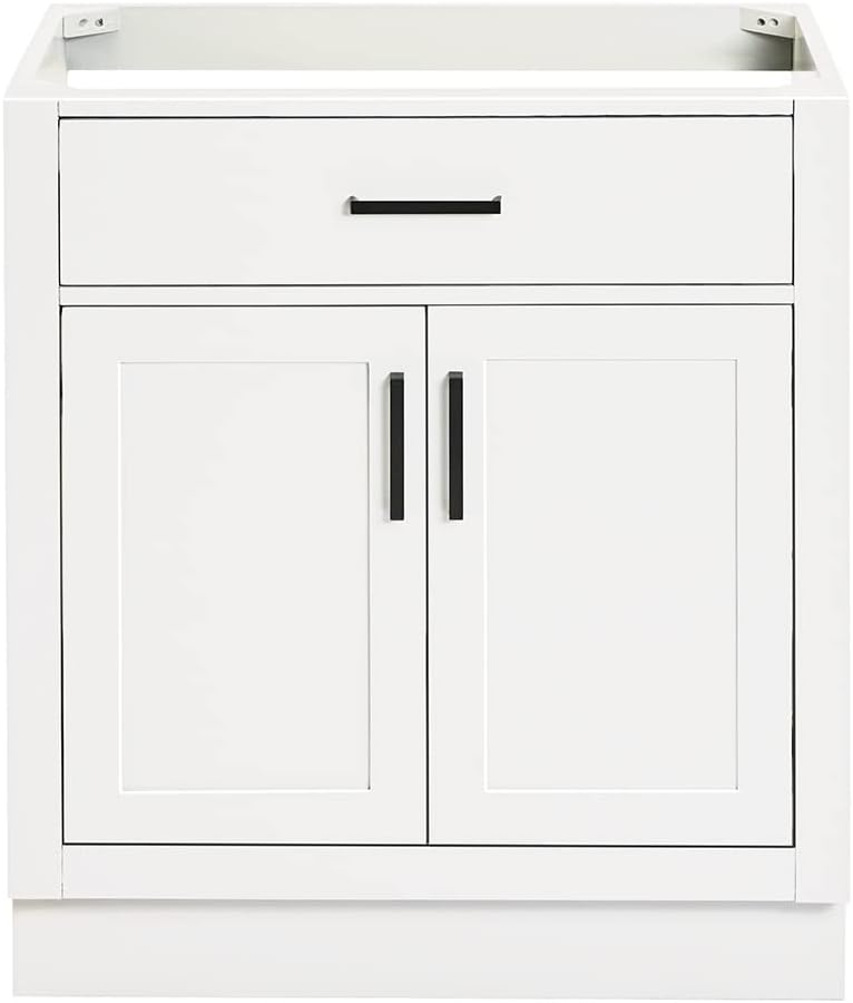 Front view of the ARIEL Hepburn 30 inch white bathroom vanity base cabinet with matte black hardware.
