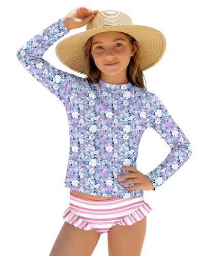 El Mejor Listado de Trajes de una pieza para Niña disponible en línea para comprar. 46 Xaatren - Traje de baño de 2 piezas con volantes para niñas, traje de baño de manga larga para niños, traje de baño con parte inferior, Azul, rosado, 9-10 Años