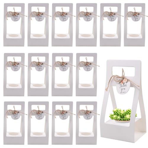 25 PCS White Succulent Wrap Bags for Wedding, Kraft Paper Gift Bags with Thank You Cards and Handle for 2.17'' Pots, Paintable Succulent Plants Holder for Party Favors (Pots and Plant Not Included)