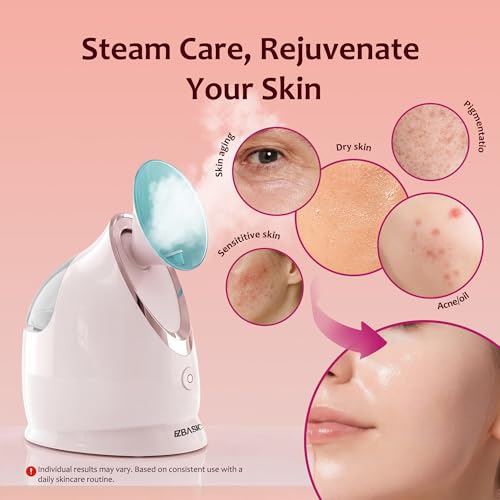 Image of EZBASICS Facial Steamer - Professional Nano Ionic Face Steamer for Facial Deep Cleaning, Warm Mist Humidifier for Home Spa, Unclogs Pores Sinus, Bonus 5 Piece Stainless Steel Skin Kit (Blue)