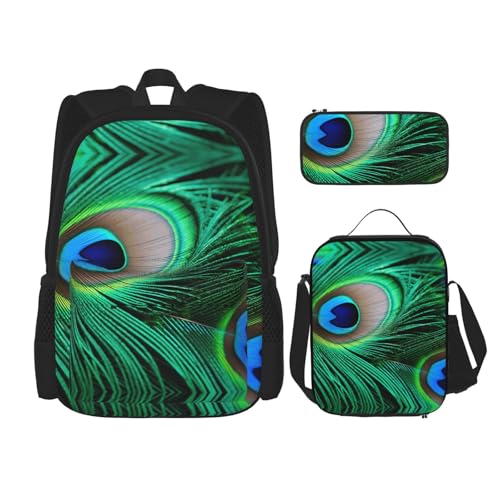 nanger Peacock Feather Print 3-Piece Set Backpack, Lunch Bag And Pencil Case, For Travel, College, And Daily Use