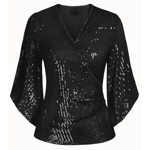 Sequin Tops for Women Elegant Sparkly Glitter Dressy Shirts Flared Sleeve V Neck Blouses Ruched Slim Party Club Shirt4