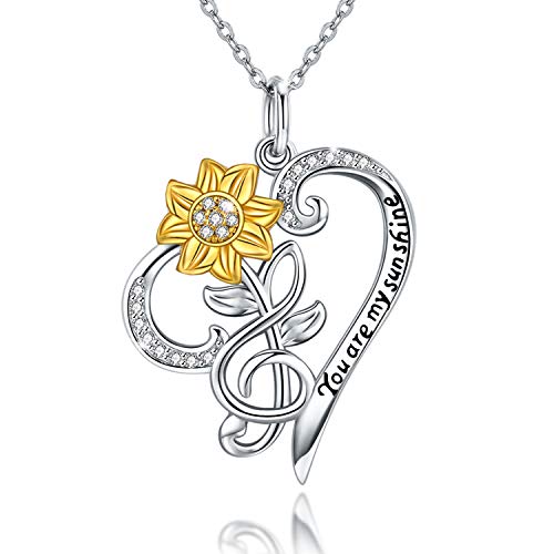 JUSTKIDSTOY Sunflower Necklace S925 Sterling Silver - You are My Sunshine Necklace Sun Flower Heart Pendant Musical Note Jewelry Gifts for Women Mom Mother's Day Birthday