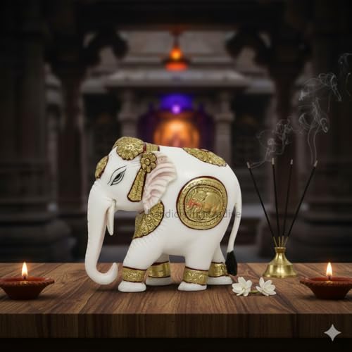 Image of Handicrafts Paradise Culture Marble Elephant Hand Painted with Intricate Carving Showpiece for Home Decor - 3 inch