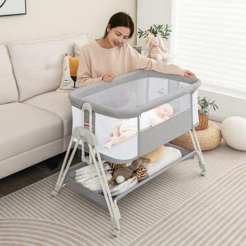 Miniatura 2 de Lifezeal Cuna Para Bebé 97x56x71,5-86,5cm, Cuna Cama Elevable Con Colchón, Cuna Colecho Bebé Con Estante De Almacenamiento, Cuna Viaje Plegable Con Ruedas Gris Claro