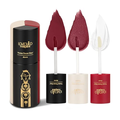 LoveChild Masaba 3-in-1 Lip Combo, Power Tough Girls, Pow Wow! (Reddish Brown) Liquid Lipstick Combo Set, Matte, Shimmer & Gloss, enriched with Hyaluronic Acid, Long Wear, Travel Friendly, 24ml