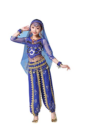 FEOYA Rose Danse Orientale Fille Costume Halloween Enfant Danse Orientale Tenue Danse Indienne Belly Dance Déguisement Bollywood Enfant 10-12 Ans Bleu