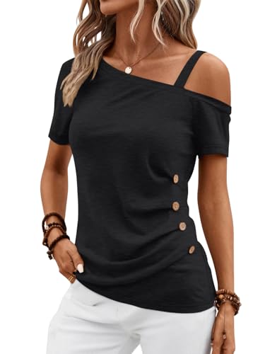 Womens Off Shoulder Tops Summer Asymmetrical Shirts Short Sleeve Button Ruched Blouses 2025