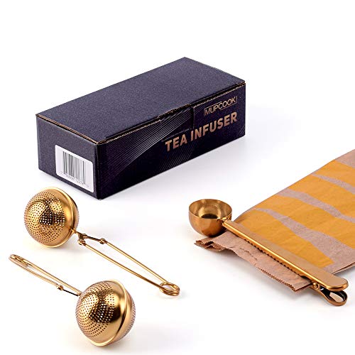 Set of 2 Tea Infusers 1 Tea Spoon - Gold Stainless Steel Strainer Filter Ball with Perfect Multifuctional Serve Scoop to Brew Loose Leaf Tea Durable Tea Steeper with Gift Box by MUPCOOK