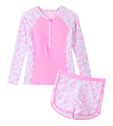 Image of Happy Cherry Girls Two Piece Rash Guard Swimsuit Floral UPF 50+ Swim Set Summer Beach Swimwear 8-12T