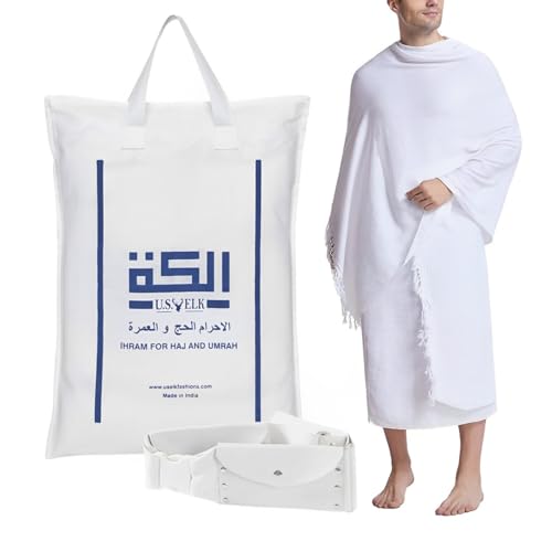 U.S. ELK Mens Ahram Set | Premium 2 Ahram Towels + Belt for Hajj & Umrah | Easy-to-Wear & Comfortable Muslim Wear Ihram Set | Microfiber Technology (WHITE Ahram L - with Belt)