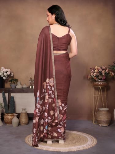 Image of SAMANTHA Black Floral Print Ready to Wear Linen Saree with Pocket & Adjustable Belt