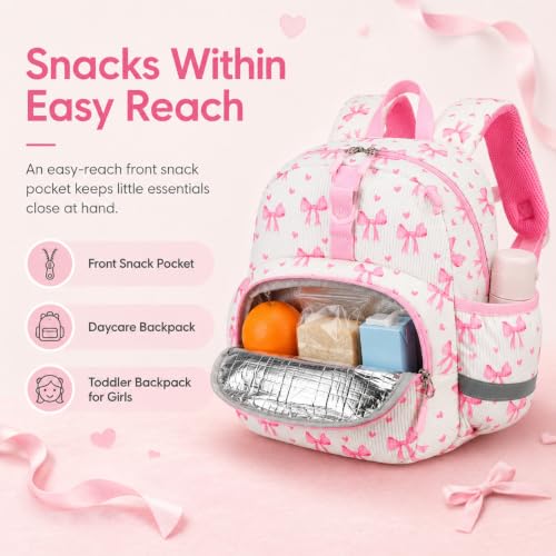 Image of LOIDOU Toddler Backpack for Girls Ages 2-4, 12 Inch Mini Preschool Daycare Bookbag with Insulated Snack Pocket, Corduroy Small Kids Travel Backpack, Pink Bow