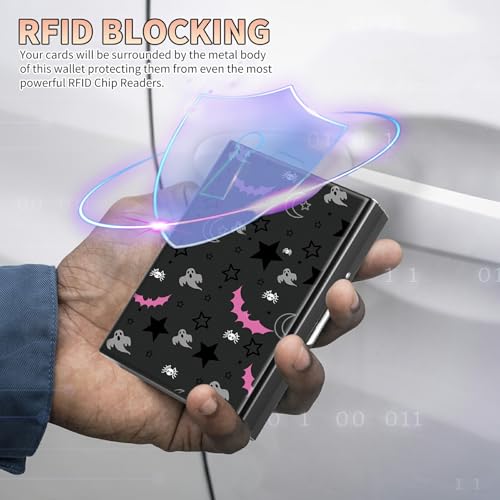 Slim Credit Card Holder, Gothic Skull Moon Stars Bat RFID Blocking Metal Wallet for Men & Women, Aluminum Minimalist Hard Case Pocket-Sized Business Cards Organizer (Fits Up to 10 Cards)3