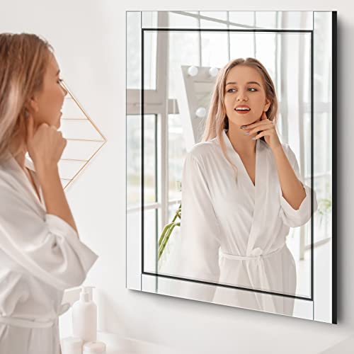 Image of Syndra 24x 32 Rectangular Mirror for Bathroom, Bathroom Mirrors for Over Sink, Wall Mounted Vanity Mirror with Tempered Glass, Rust-Resistant Solid Wood Frame for Bathroom, Bedroom, Living Room