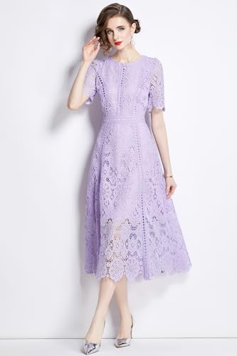 LAI MENG FIVE CATS Women's Flowy Floral Lace Short Sleeve Round Neck Evening Dress2