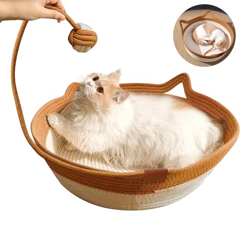 Hand Woven Cat Bed Basket Nest Round with Toy Tail, Natural Cotton Linen Cat Scratch Pad, Pet Sleeping Bed House Scratcher Scratch Mat Pad for Puppy Small Dogs Indoor Cat Summer (Medium)