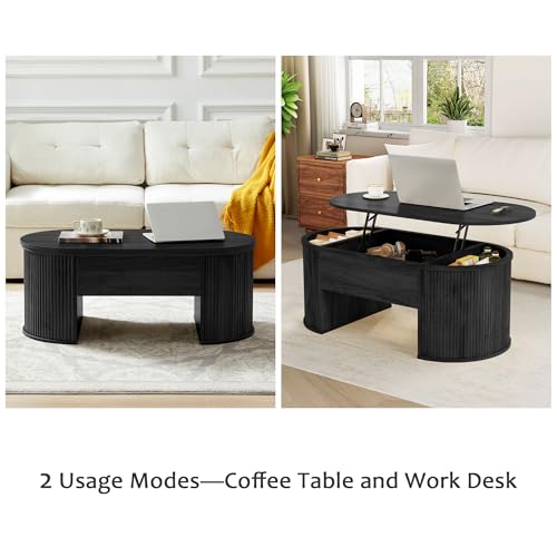 Image of QHITTY Fluted Coffee Table with Lifting Top, Oval Wood Lift Top Coffee Table with Hidden Compartment, Mid Century Pull up Center Tables for Living Room, Office - Black