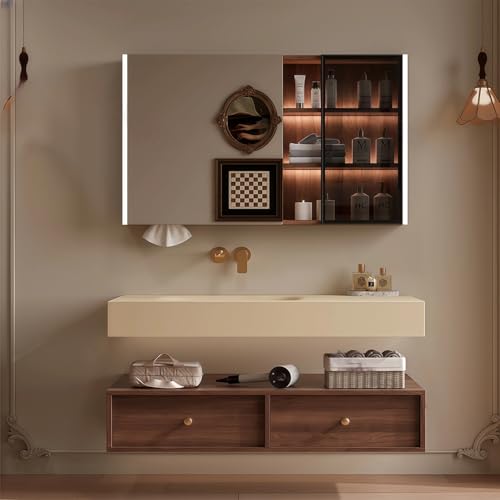 Modern Wall Mounted Floating Bathroom Vanity with Integrated Ceramic Sink, No Assembly Required, Hanging LED Intelligent Lighted Sensor and Demisting Mirror, Cabinet Spaces, 3 Soft Close Drawers