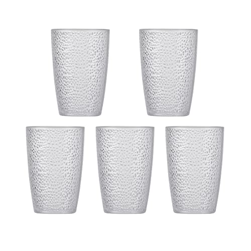 Stackable Hammered Plastic Tumbler Acrylic Glasses, Set of 5, Unbreakable Premium Drinking Cups, Perfect for Her (clear, 12oz)