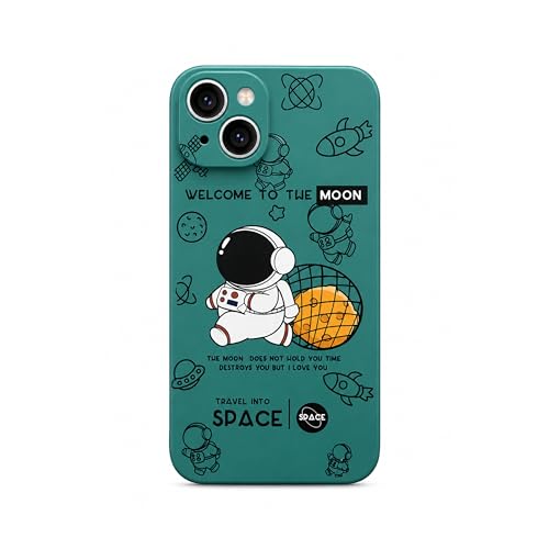 Image of Cosmic Silicone Astronaut Case for iPhone 14 Plus, Cute Soft Touch Designer Protective Cover, AstroShield Shockproof Defense with Matte Anti-Slip Grip | Astro Moss