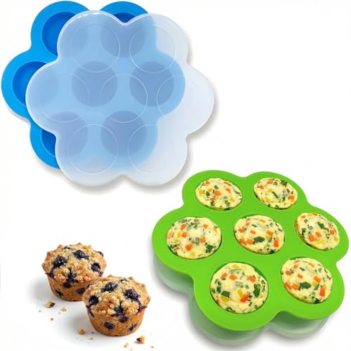 Gokcen's Silicone Egg Bite Molds [2 Pack] Instant Pot Accessories - Total 14 Cups Muffin Pan For Baking - Food Freezer Tray With Lid - Reusable Storage Container (Blue & Green - Egg Bite Mold)