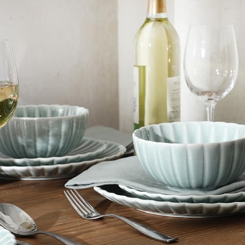 Image of Gibson Elite Peach Orchard 12-Piece New Bone China Dinnerware Set Service for 4, Embossed Fluted Plates and Bowls, Dishwasher and Microwave Safe, Aqua Blue