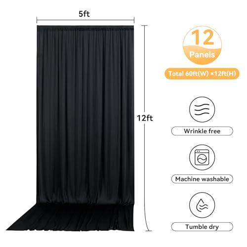 Image of 60ftx12ft Wrinkle Free Black Backdrop Curtains for Parties, Silky Polyester 12 Panels 12 ft Long Black Photo Backdrop Drapes Back Drop Cloth for Wedding Birthday Graduation Photography Background