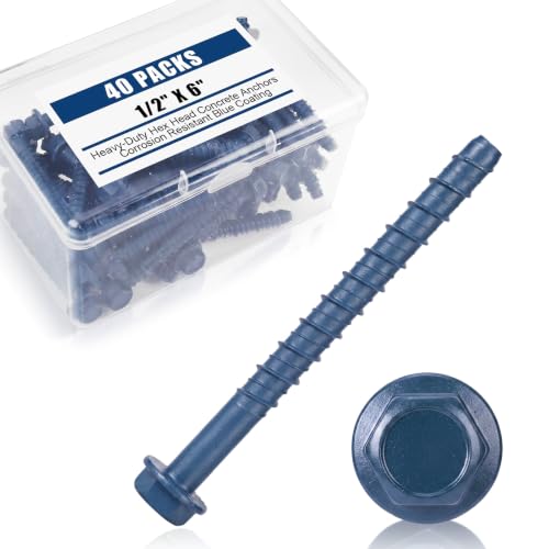 Therwen 40 Pack 1/2 x 6 Inch Concrete Screws Hex Washer Head, Blue
