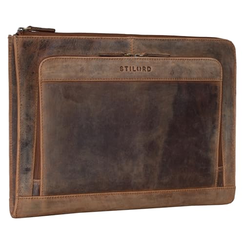 STILORD 'Dillon' Leder Aktenmappe Konferenzmappe 13 Zoll Laptoptasche Vintage Dokumentenmappe Schreibmappe DIN A4 Businessmappe Portfolio Mappe Echtleder, Farbe:Calais - braun