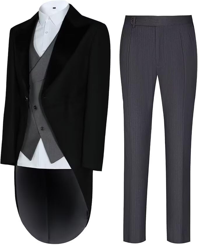 Men's 3 Piece Tuxedo Suit Formal Swallow Long Tailcoat Performances Party Wedding Double Breasted Vest Pants M Black4