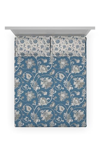 Image of DDECOR Live Beautiful 100% Compact Combed Cotton Ethnic King Flat Bedsheet with 2 Pillow Covers | Rotary Print 145TC | Perfect for Everyday Bedroom Use | Cresta Collection | 2.24 x 2.54 M|Pacific Blue