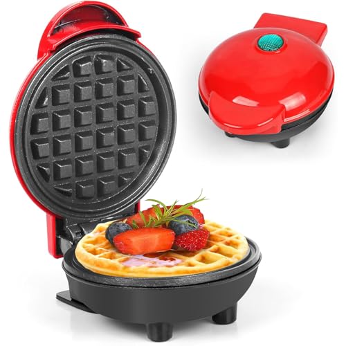 AHDXKUE Mini Waffle Maker Non-Stick Waffle Iron Machine, Mini Pancake Maker with Power/Ready Indicator Light Waffle Maker for Waffles, Sweet/Savoury Snacks Desserts, Red