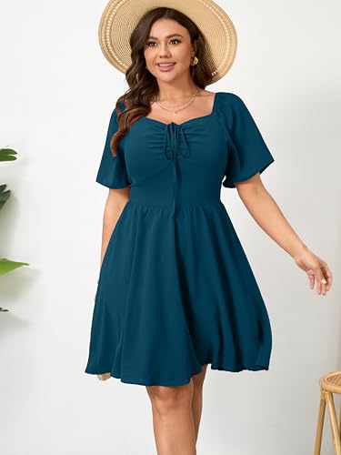 Image of RWJ Women Plus Size Summer Dress Short Sleeve Tie Front Sweetheart Neck Casual Mini Wedding Guest Dresses 2025