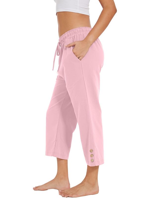 Womens Capris Pants High Waist Drawstring Comfy Casual Lightweight Loose Trousers Buttons Trim with Pockets4