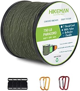 HIKEMAN Nylon 750Lb Paracord 4mm Cord - 50m Parachute Cord with 7 Wires,Multifunction Reflective Outdoor Survival para cord(Army Green)