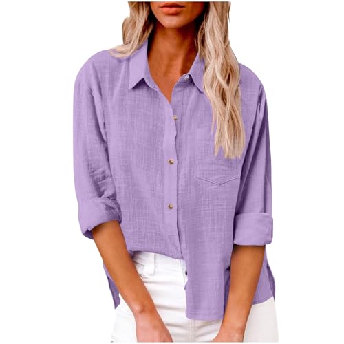 Yolimok Womens Long Sleeve Tops Casual Blouses Button Down Linen Shirts Collared Loose Oversized Summer Tops Dressy Blouses for Women UK Office Work Ladies Top Plus Size 8-22 Lilac