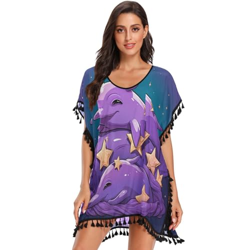 Doodle Art Cute Dolphin Women's Beach Cover Up Chiffon Tassel Swimwear Swimsuit Coverups for Girl