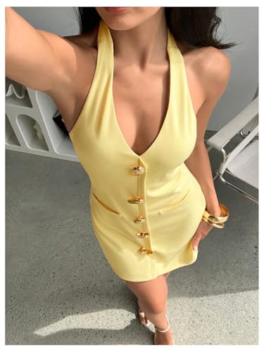 SOLY HUX Women's Deep V Neck Halter Fitted Mini Dress Button Down Sleeveless Summer Vacation Dresses4
