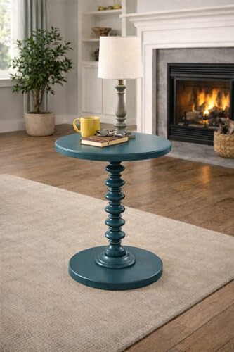 Image of Kundi Round Coffee End Table for Living Room - Modern Brown Accent Pedestal Side Table for Bedroom & Home Decor (Blue)