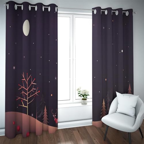 HOBBOY Starry Night Curtain Christmas Featival Blackout Curtains for Bedroom Living Room Snow Pine Tree Elk Deer Pattern Window Drapes 2 Panels 2X W38xL63in