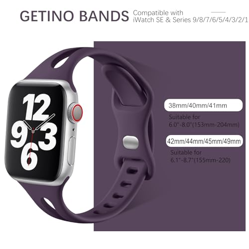 Image of Getino Compatible with Apple Watch Band 42mm 44mm 45mm 46mm 49mm iWatch SE Ultra Series 11 10 9 8 7 6 5 4 3 2 1 Women, Silicone Slim Sport iWatch Bands, Starlight /Cherry Purple /Smoke Purple /Dark Grey