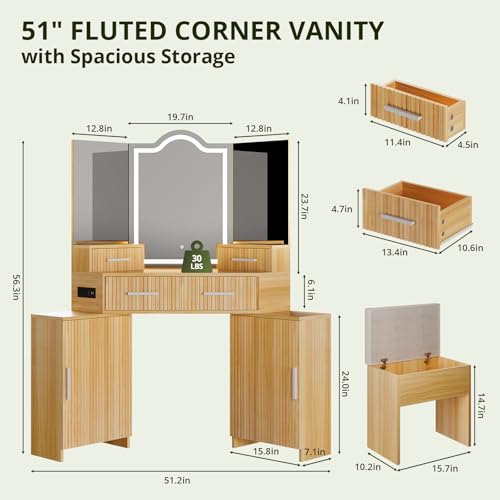 Image of FURSUN Fluted Makeup Vanity Desk with HD 3 Way Mirror and Lights, 51 inch Large Corner Vanity Table with Charging Station, Dressing Table with 4 Drawers & 2 Storage Cabinets for Bedroom, Natural Oak